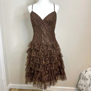 Vintage Y2K Betsey Johnson Copper Brown Metallic Lace Tiered Strap Dress…